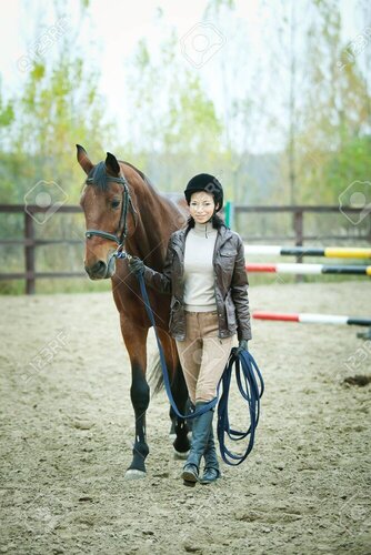 19868925 woman jockey is riding the horse outdoor