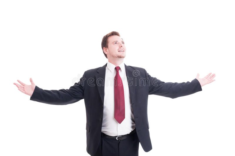 Businessman accountant financial manager arms outspread accountat as success concept isolated 