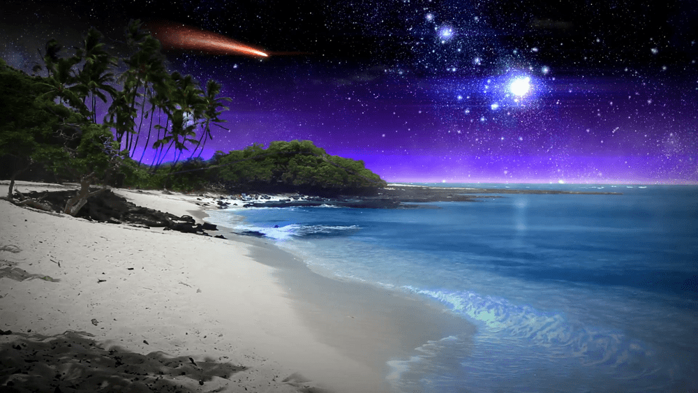 A calm surreal beach scene with sparkling blue waters white sand beach night hd png 1920 1080
