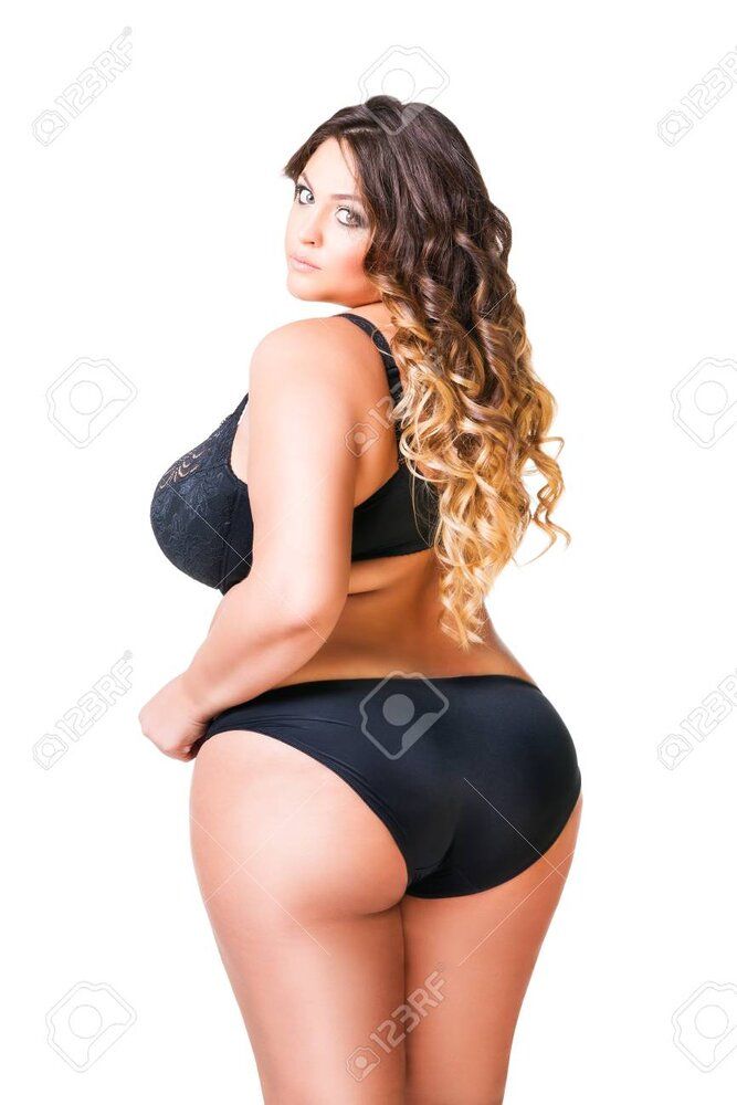99042161 plus size sexy model in black underwear fat woman isolated on white background overwe