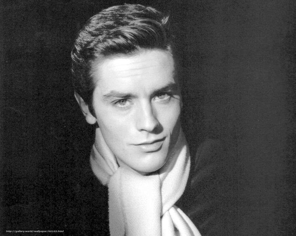 Alain delon the face young black white portrait in black sweater with white scarf orig