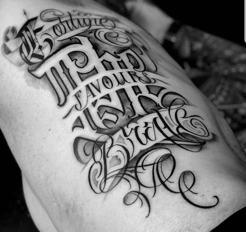 Ribs script lettering mixed font side piece calligraphy lowrider chicano tattoo otautahi chris