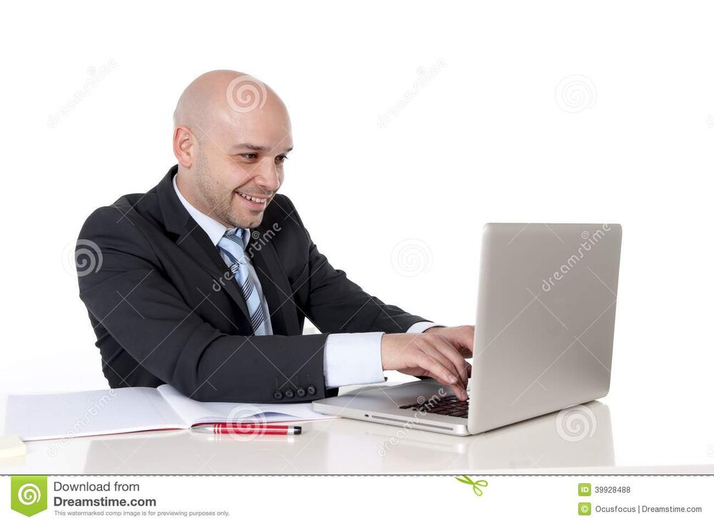 Bald happy latin business man working computer smiling american isolated white background 3992