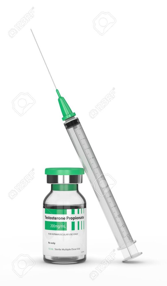 100712378 3d render of testosterone propionate vial with syringe over white background anaboli