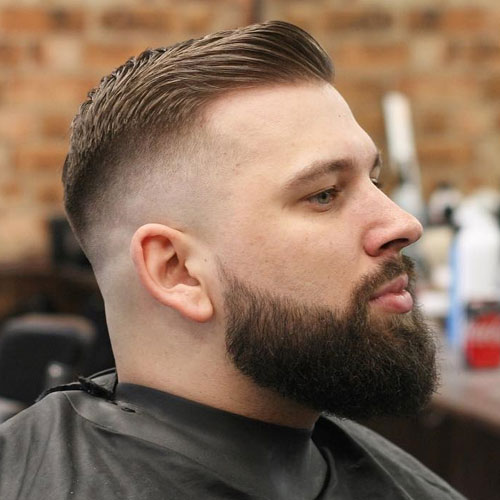 High Skin Fade Side Swept Fringe Thick Beard