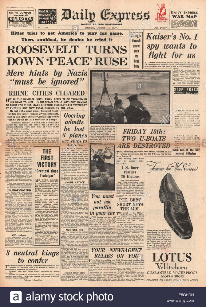 1939 daily express front page reporting us president roosevelt rejects E5GHDH