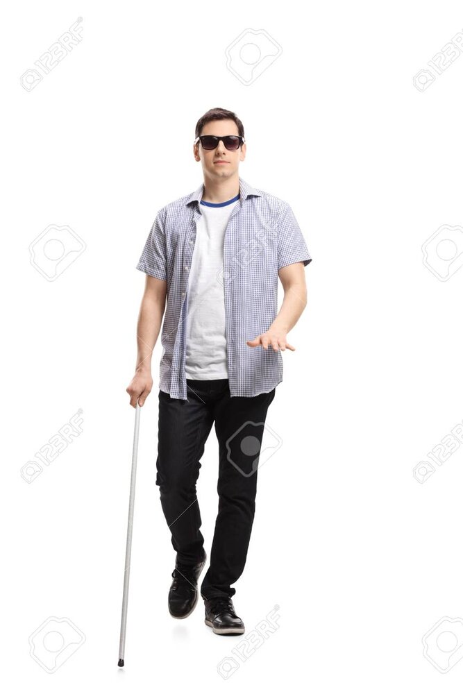 109510838 full length portrait of a blind man walking isolated on white background