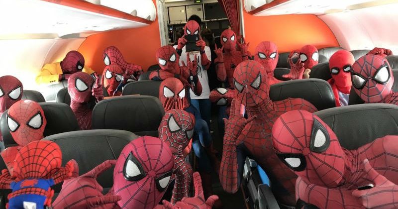 Airplane packed full of spider mans is one of the most awesome things weve ever seen