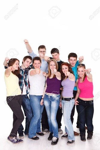 14332385 young friends standing and pointing their fingers at camera