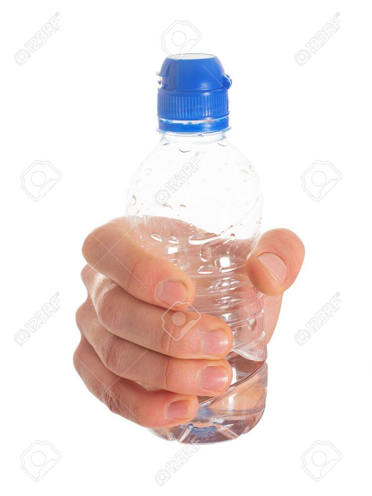 22036811 close up of hand holding water bottle on white background