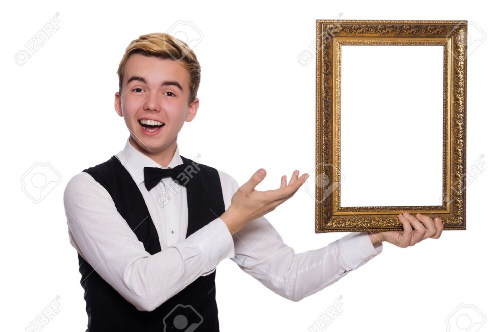 42040078 young man holding frame isolated on white