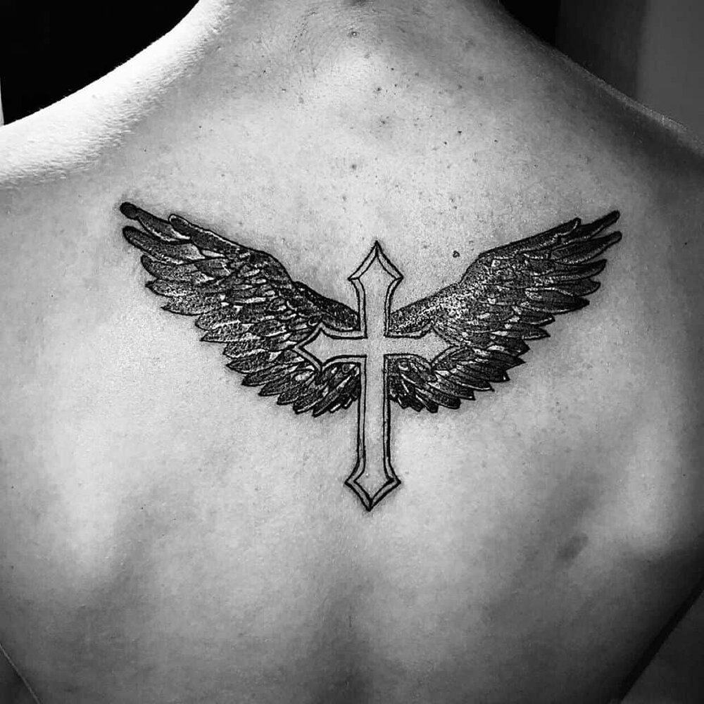 Black grey back sketch angel wing tattoo dinijs ink