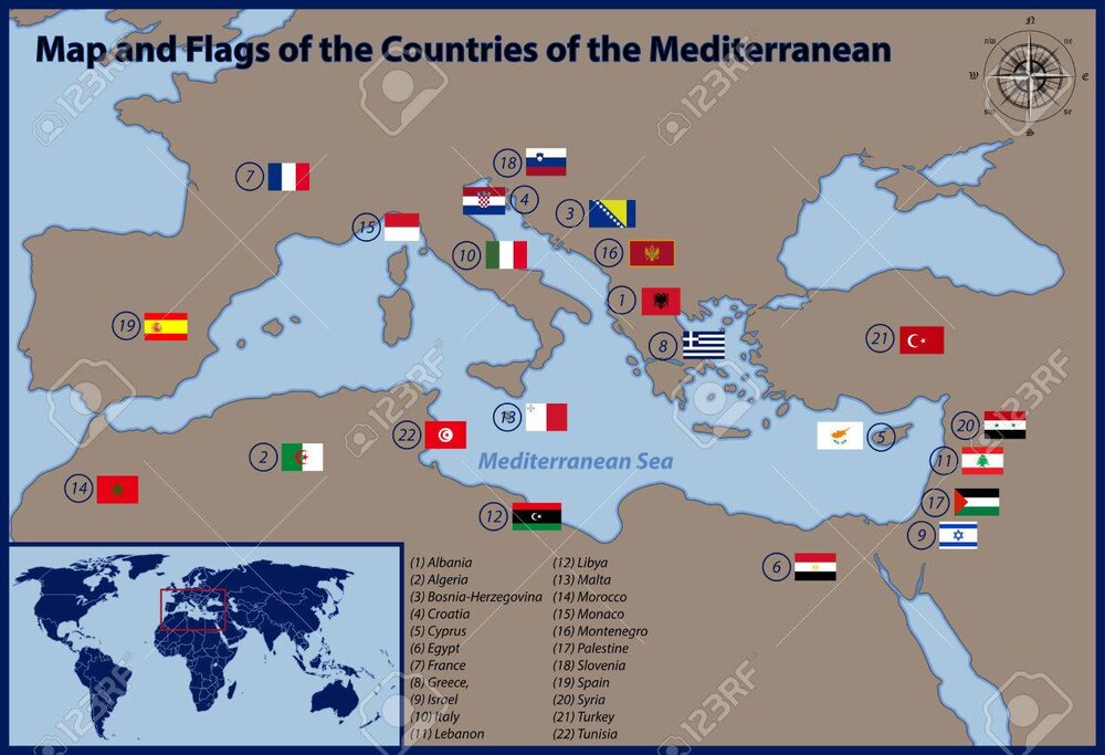 49596782 map and flags of the countries of the mediterranean