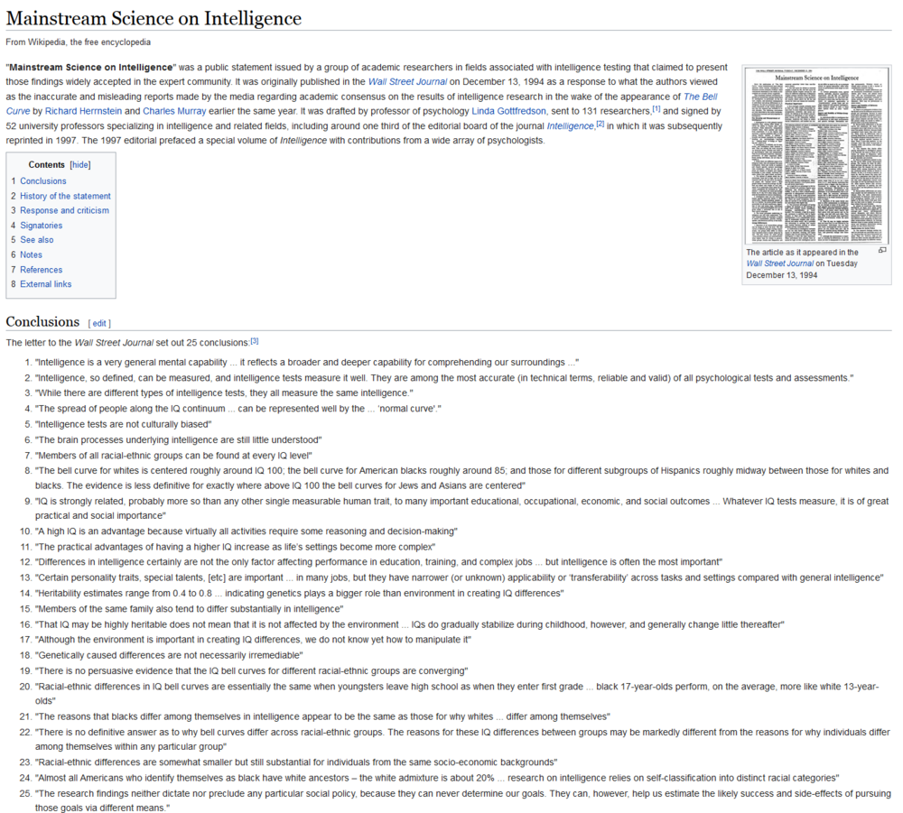 Mainstream science on inteligence