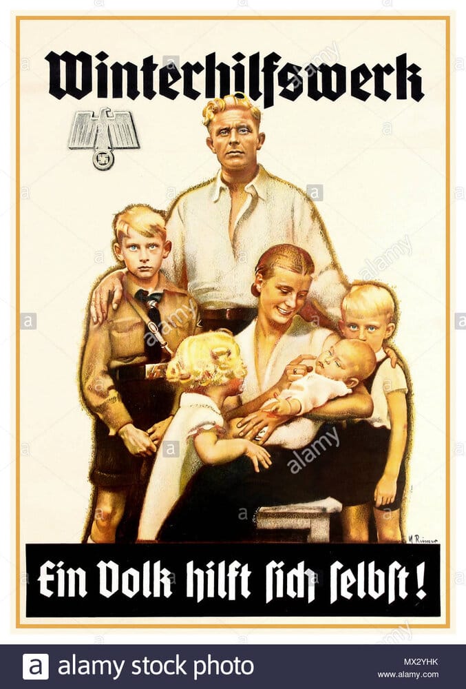 Winterhilfswerk vintage 1940s ww2 nazi propaganda poster with stereotypical nazi ideal blond a