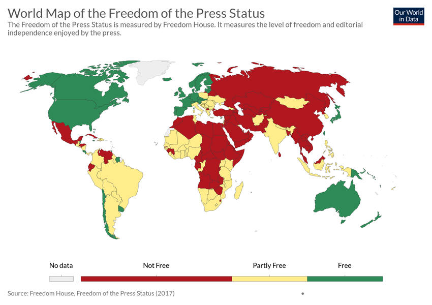 World map of the freedom of the press status