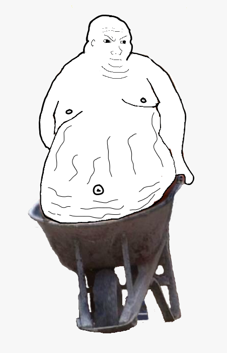 Wojak carrying fat stomach in wheelbarrow