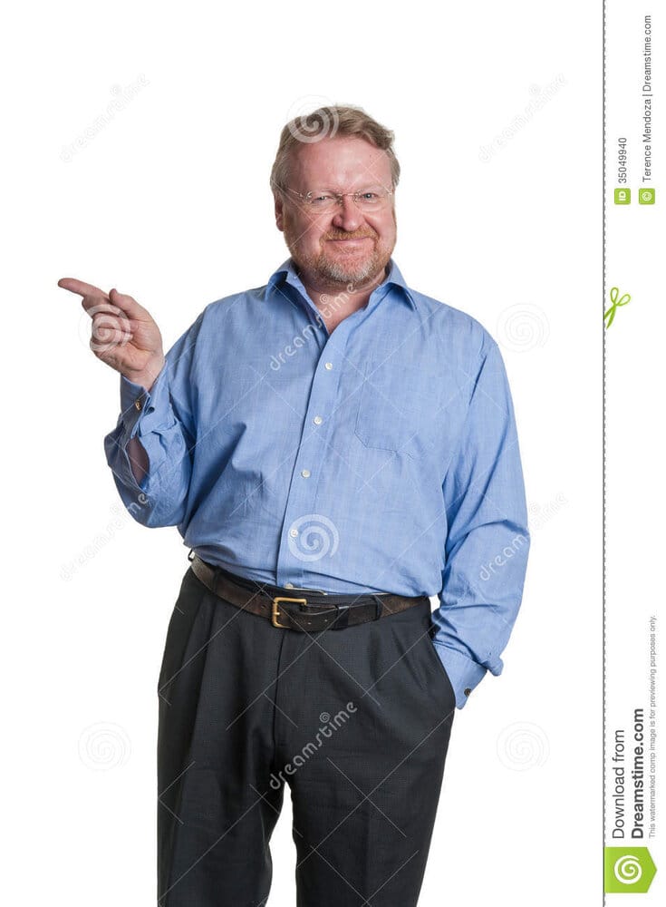 Friendly middle aged bearded guy blue shirt white happy man open necked pointing lecturing iso