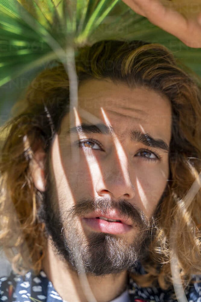 Portrait of bearded young man with dyed hair under palm leaf AFVF04904