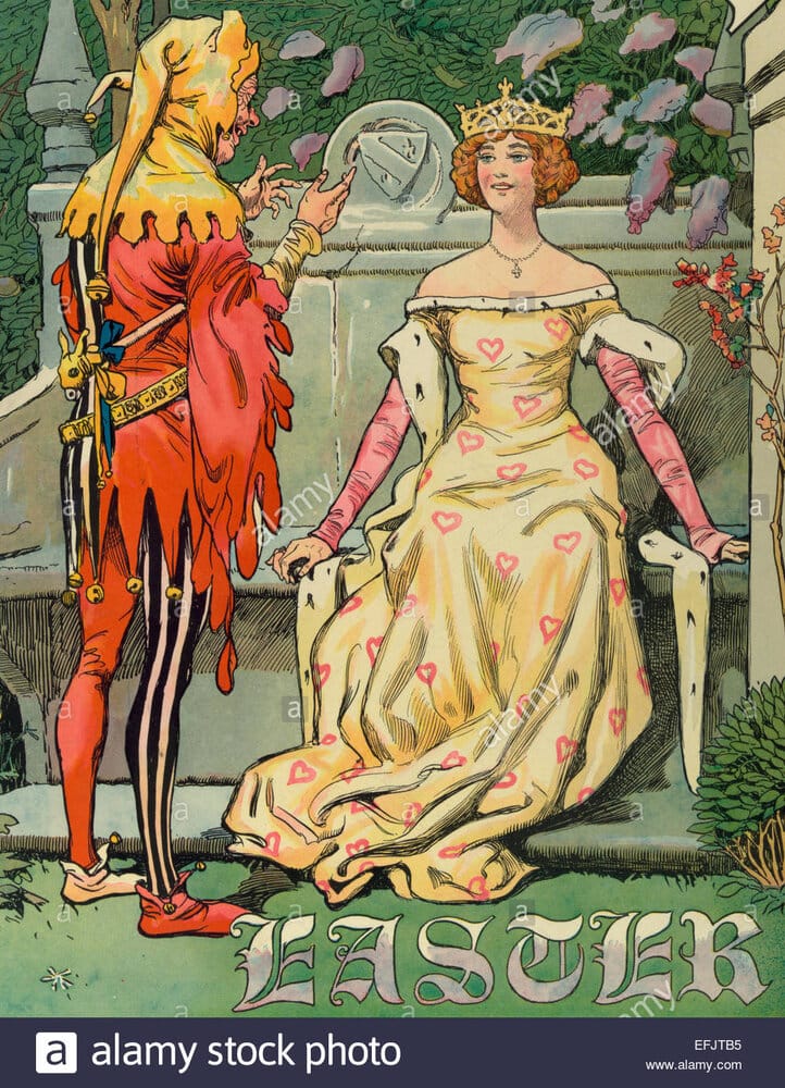 Illustration shows a court jester entertaining a young woman wearing EFJTB5