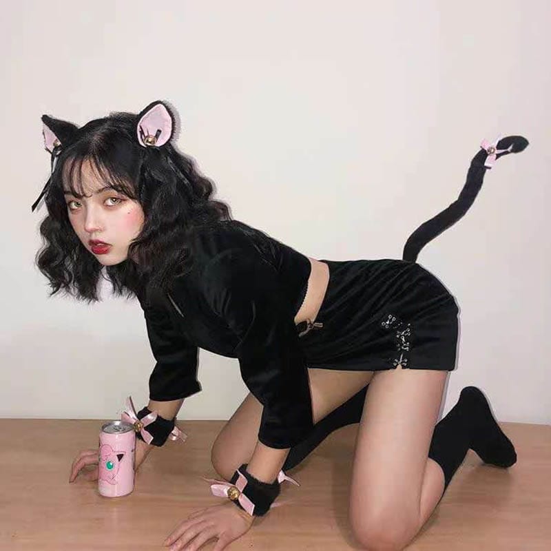 Cosplay suit cat claw gloves 5 piece set maid cat girl cat ear bow tie anime