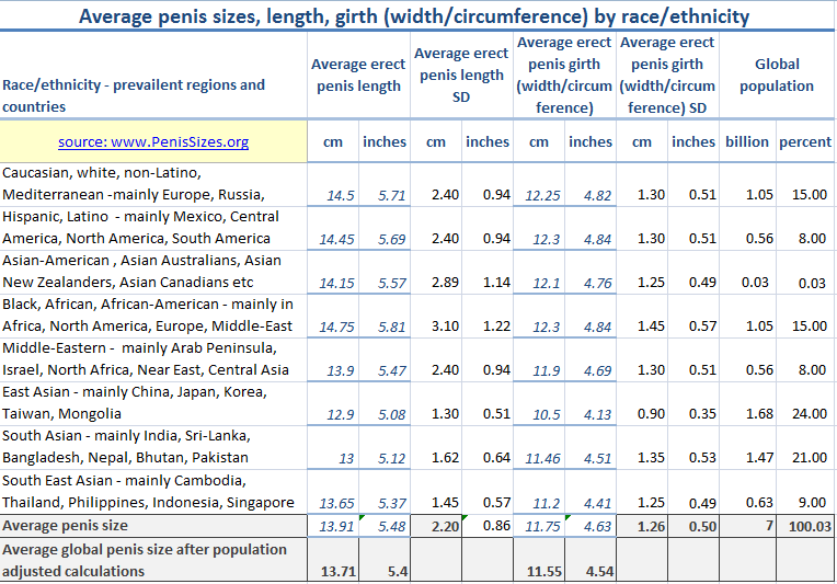 Average penis size length girth after population adjustment calculations