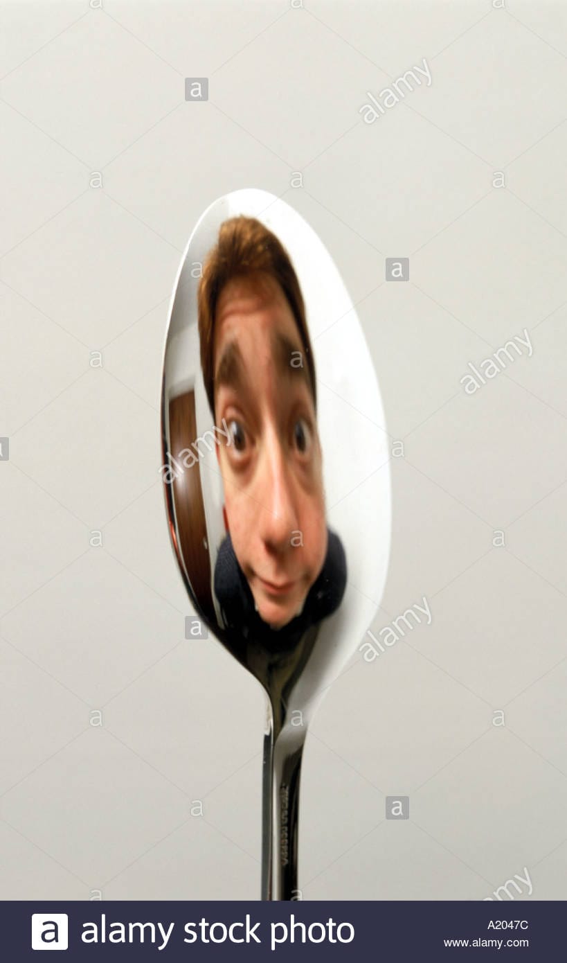 Reflection in the convex side of a spoon image erect right way up A2047C