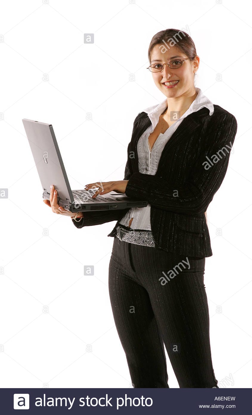 Young woman in business suit outfit laptop pc computer A6ENEW