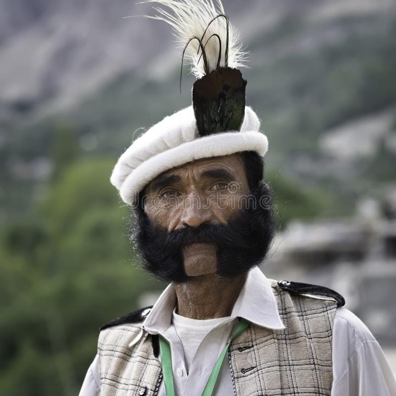 Old man wearing traditionl chitrali topi hat mutton chops beard northern pakistan taken th aug