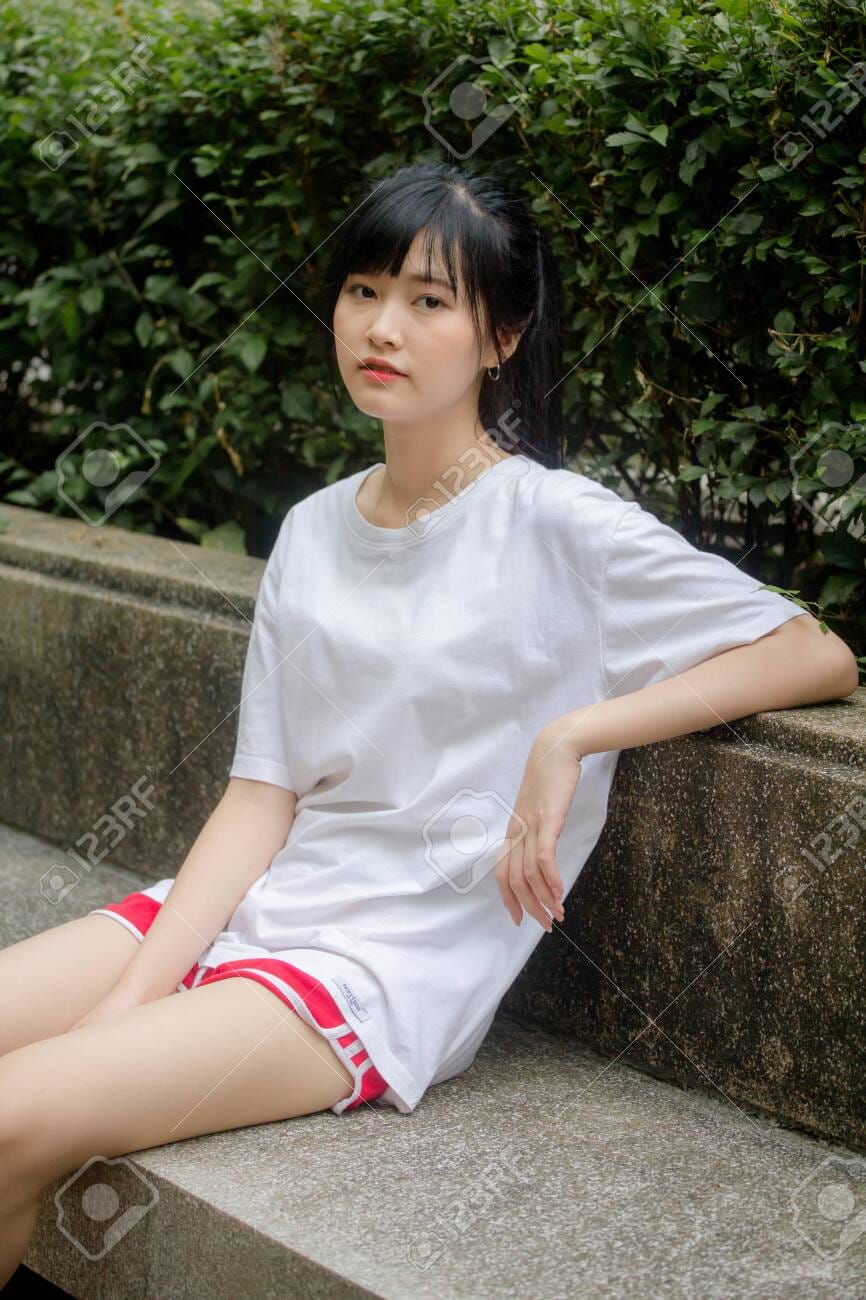 117078429 asia thai japanese teen teen white t shirt beautiful girl happy and relax