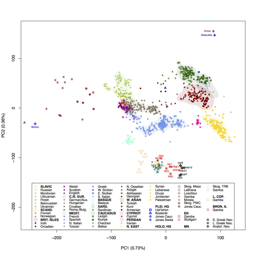 PCA of modern reference populations and projected ancient individuals The Greek and