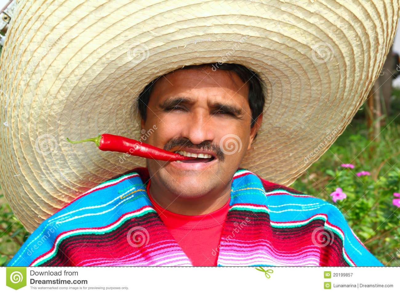 Mexican man poncho sombrero eating red hot chili 20199857