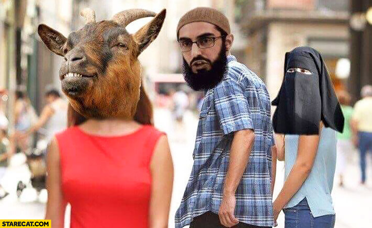 Muslim arab man looking back at a goat his wife not happy about it