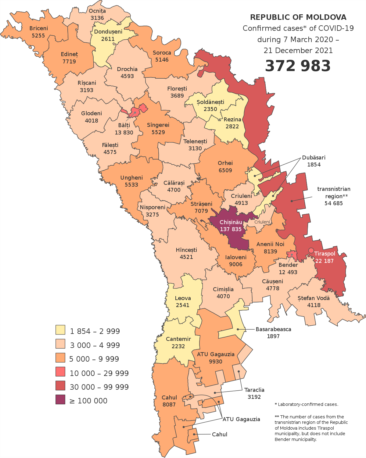 Republic of Moldova Map of the regions affected by COVID 19
