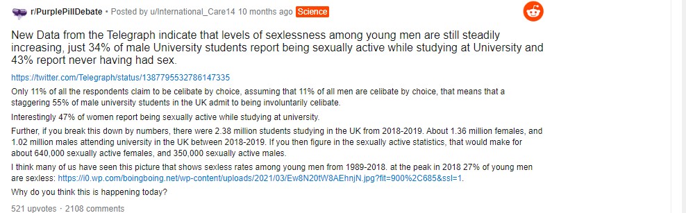Inceldom and rates of virginity in universities in the UK