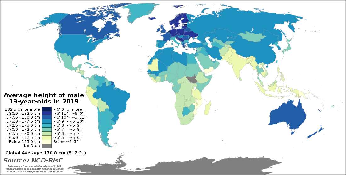 Average height of male 19 year olds by country in 2019