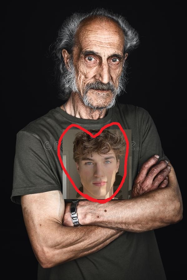 Close up portrait elderly sick man green t shirt crossed arms posing to camera black backgroun