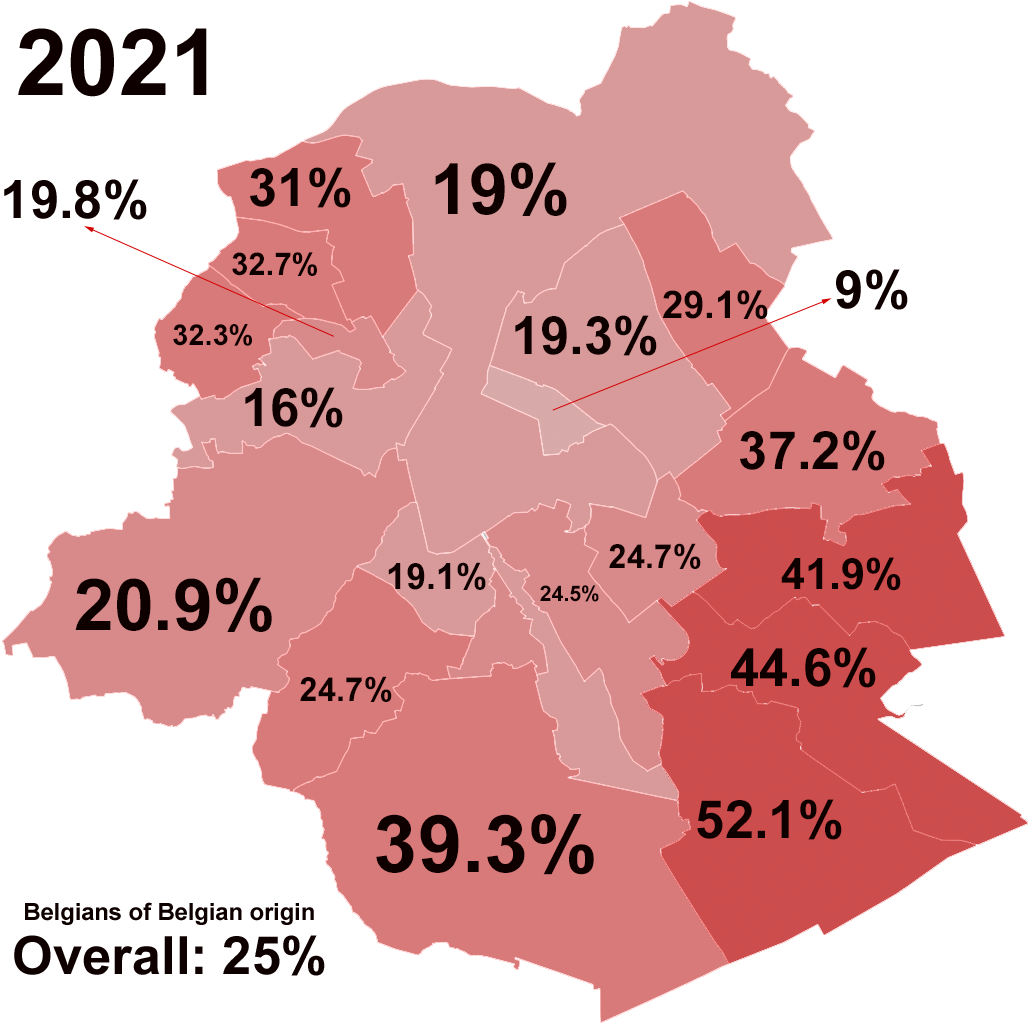 Belgians of Belgian origin by percentage in Brussels Capital Region
