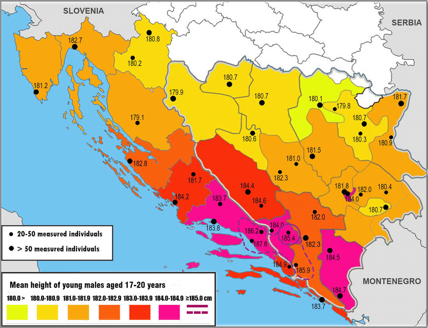 Regional means of male height on the Adriatic coast of Croatia and in Bosnia and 1