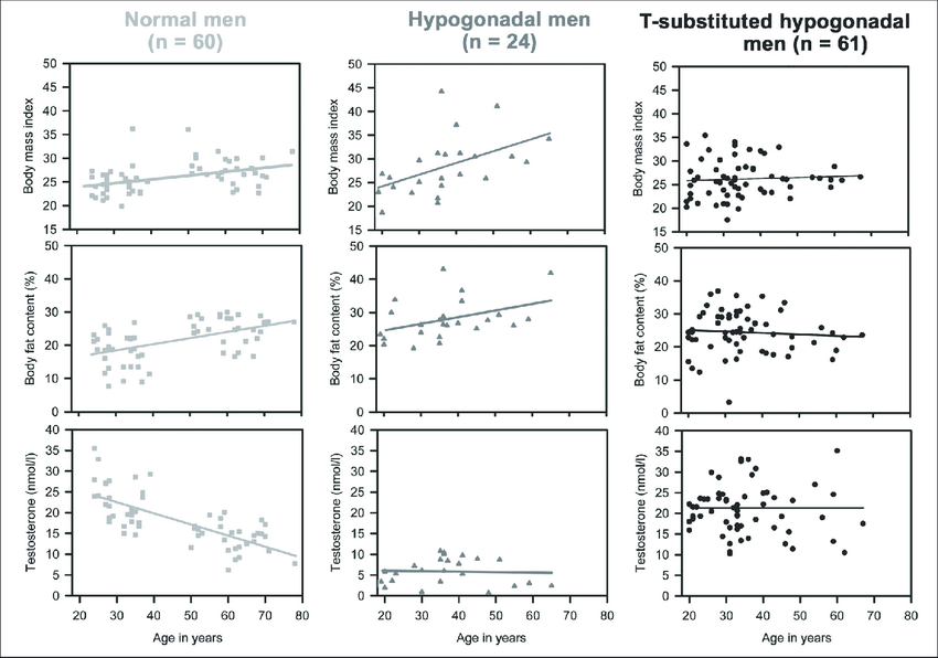 Relation of age to body fat content Body Mass Index and testosterone levels in healthy