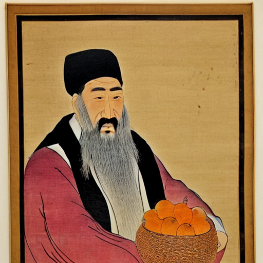 Old uyghur  man with long beard holding an apple traditional Chinese painting