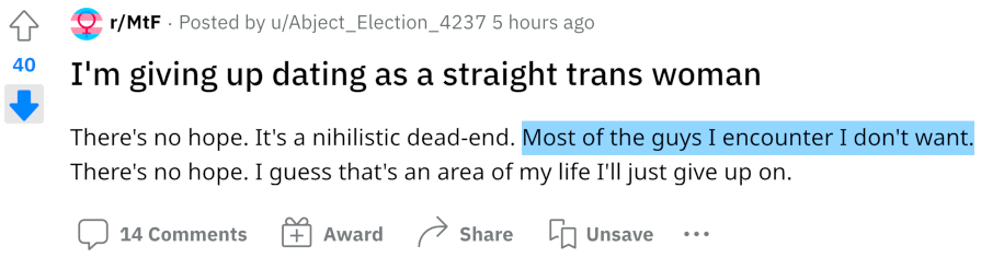 Https   wwwredditcom r MtF comments xn8e2x im giving up dating as a straight trans woman