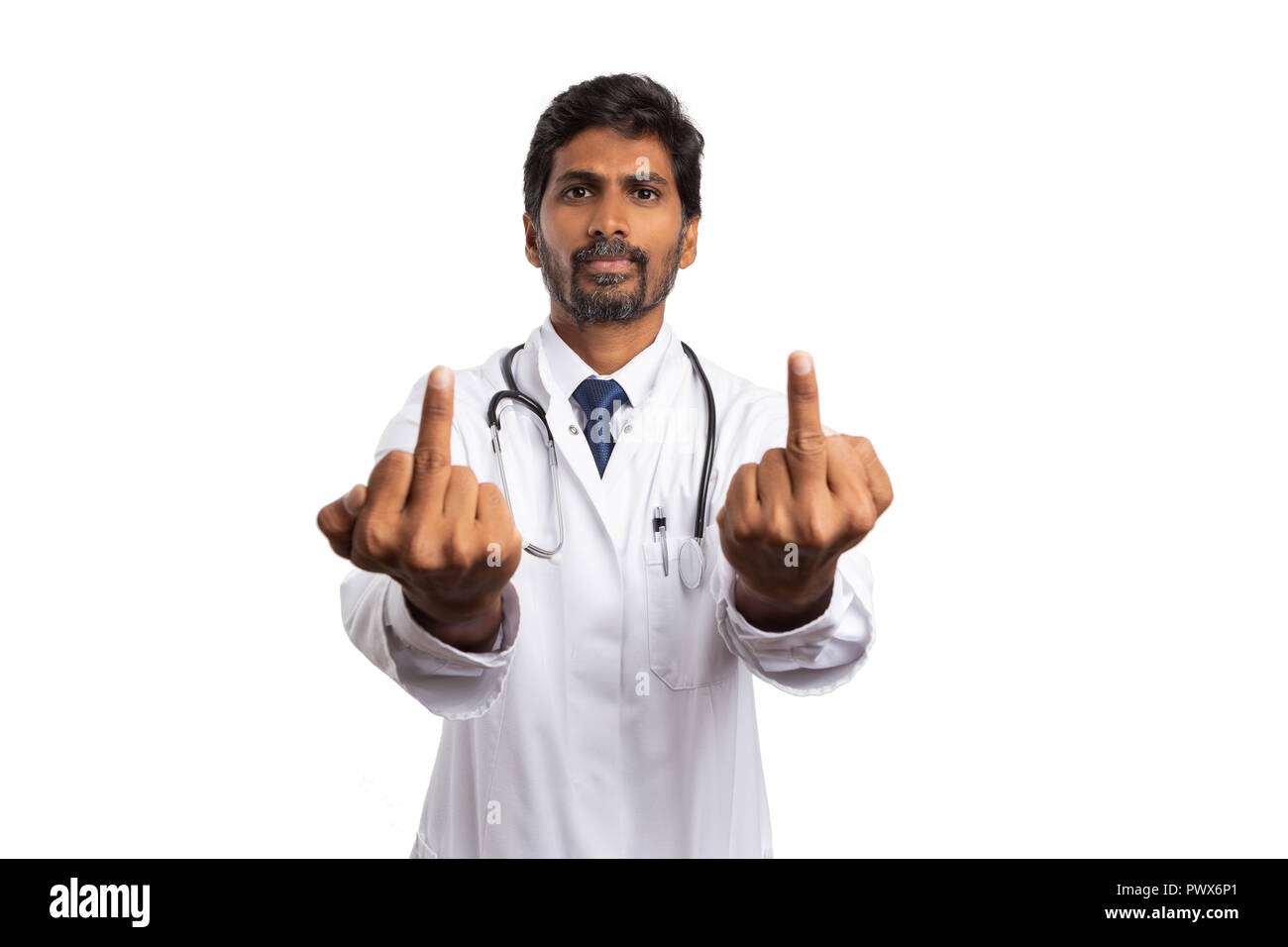 Indian doctor man holding up both middle fingers with angry expression isolated on white backg