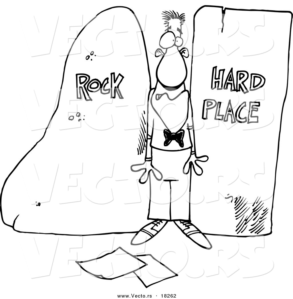 Vector of a cartoon man stuck between a rock and a hard place outlined coloring page by ron le