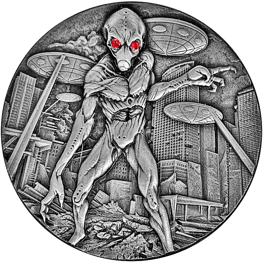 Republic of chad alien ufo invasion 10 000 francs 2018 antique finish ultra high relief 2 oz F