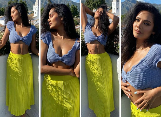 Esha Gupta is all about colour blocking in crochet crop top with neon yellow midi skirt 3