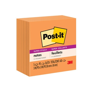 Post it super sticky notes 3 in x 3 in 5 pads neon orange recyclable