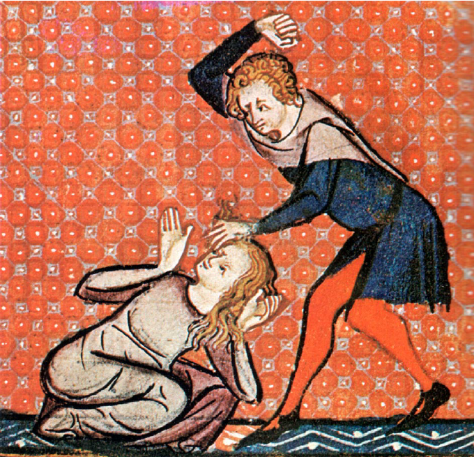 A medieval painting of a man battering a woman from Comte 1978 p 74