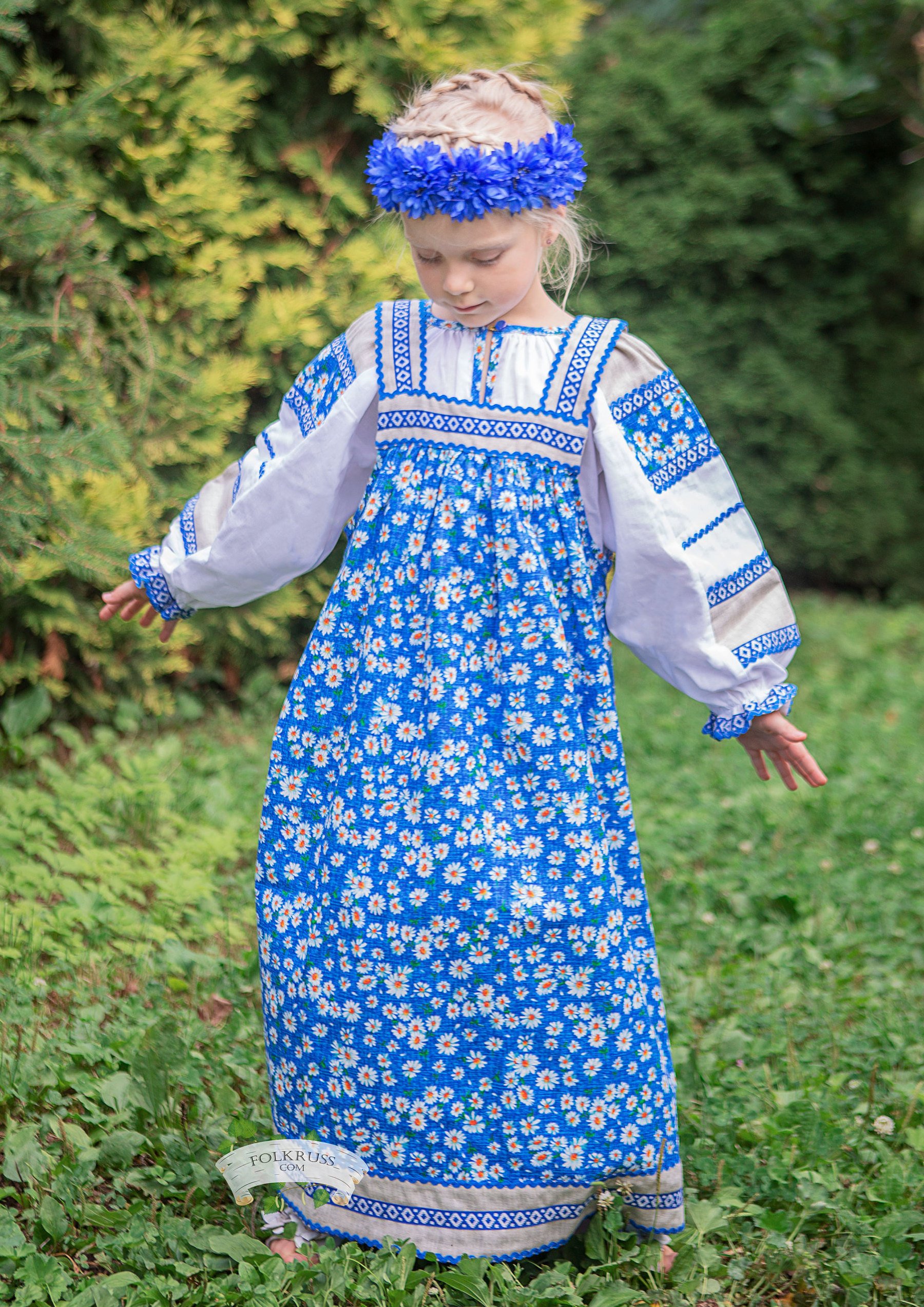 Flowered blue Russian traditional slavic dress Mashenka for girls