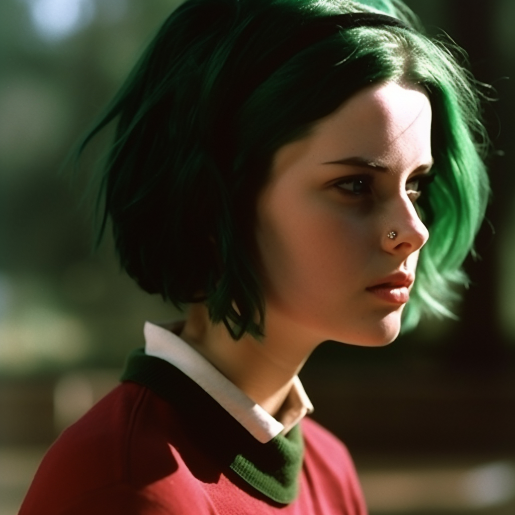 X green hair 80s cinematic still shot heavy film grain 2de5dfd0 da90 4d79 b355 51974c574c0e